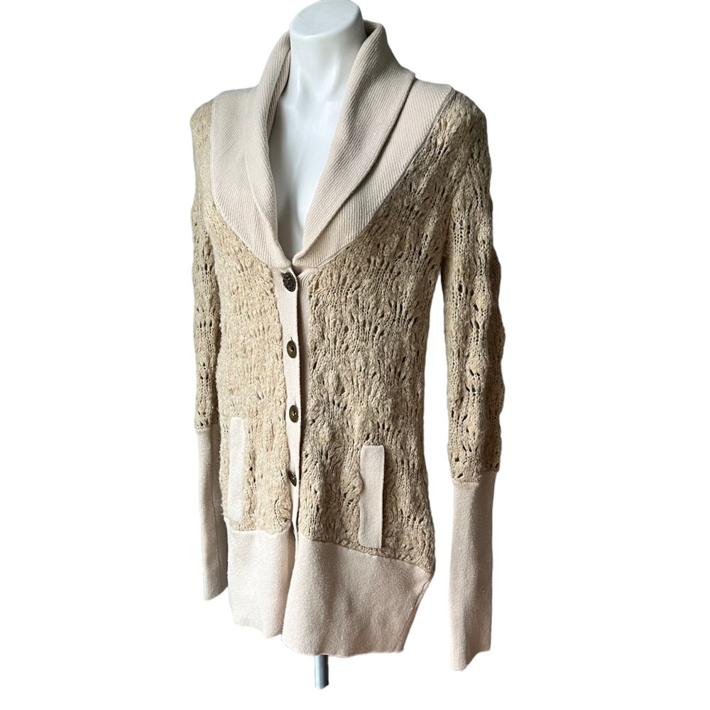 Free People Wool Blend Chunky Knit Brass Button Oatmeal Grandpa Cardigan… - Picture 3 of 13